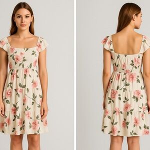 🌸 Old Navy Floral Midi Dress Women’s Medium White Pink Rose Print Square Neck